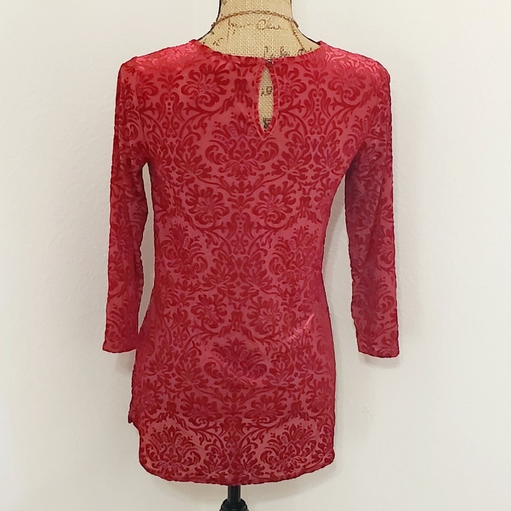 Cato Deep red long sleeve velvety burnout top side slits Size XS dressy formal - Picture 3 of 7